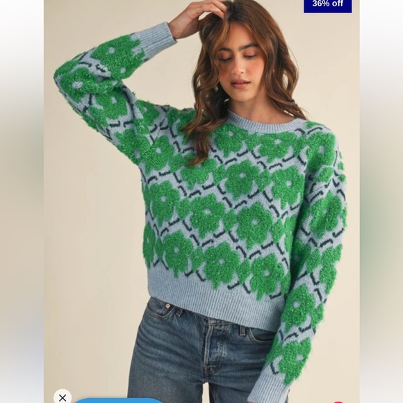 Fuzzy Flower Crew Sweater Green and Blue Patterned Women's Sweater - Picture 3 of 3